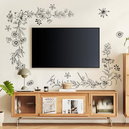 Tanlaby Sketch Black Flower Wall Decals Wildflower Floral Wall Stickers | Retro Peel and Stick Vinyl Art Decor for Bedroom Living Room Office Sofa TV Backdrop