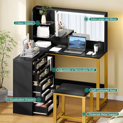 YITAHOME 48" Vanity Desk Set | Makeup Vanity with Mirror and Lights, 3 Lighting Modes - color: Ebony Black