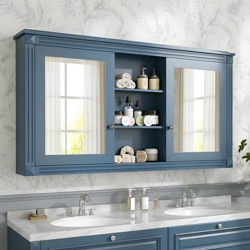 Merax Bathroom Medicine Cabinet with Mirror Door & Adjustable Shelf, 55" x 28" Wall Mounted Bathroom Storage Cabinet with Mirror, Over The Toilet - color: Blue, size: 55"