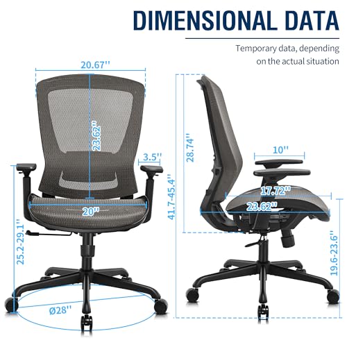 T96 Mesh Office Chair,Ergonomic Computer Desk Chair,Sturdy Task Chair- Adjustable Lumbar Support & Armrests,Tilt Function,Comfort Wide Seat,Swivel Home Office Chair - color: Charcoal