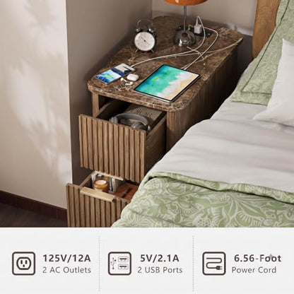 win2win Narrow End Table with Charging Station, Fluted Drawers, Walnut | Tall Small Side Table with Storage , Mid-Century Modern Nightstand with Faux Marble Top , Wood Beside Table for Living Room - color: Walnut