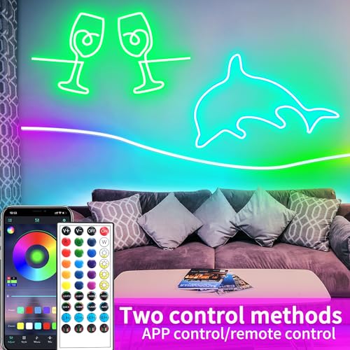 segrass 100ft LED neon Lights with Remote APP Control IP65 Waterproof Flexible Neon LED Strip Lights 24v RGB LED neon Rope Lights for Bedroom Room Outdoors Decor（2 Rolls of 50ft - size: 100ft