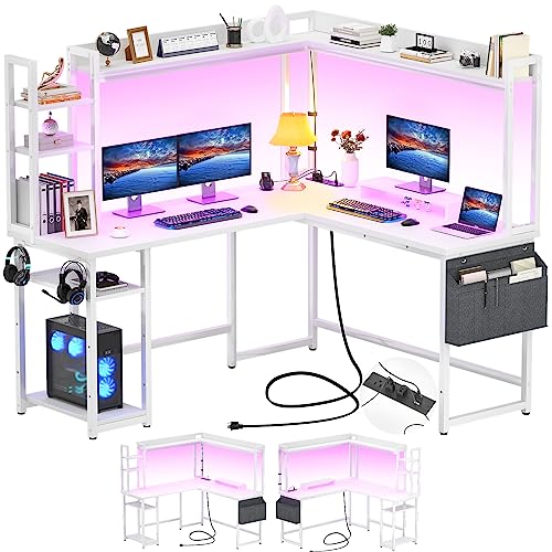 Aheaplus 57 Inch L Shaped Gaming Desk with Power Outlet & LED Lights, White | Reversible Corner Computer PC Desk with Hutch, Monitor Stand, Storage Shelf & Storage Bag for Home Office, Writing Desk - color: White