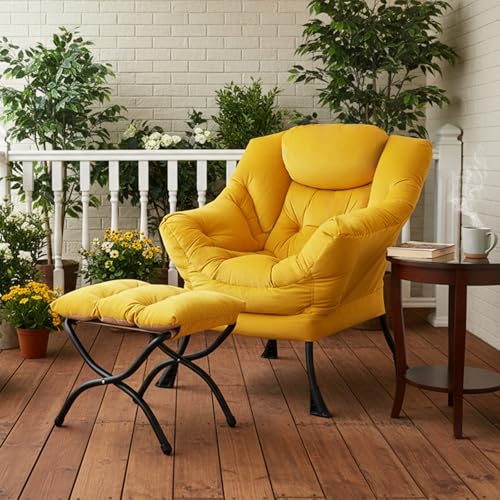 Lazy Chair with Ottoman, Comfy Reading Accent Chair, Velvet Yellow | Foldable Footrest, Padded Seat and Backrest, Side Pocket for Lounging in Living Rooms, Bedrooms, Dorms and Small Spaces - color: Yellow