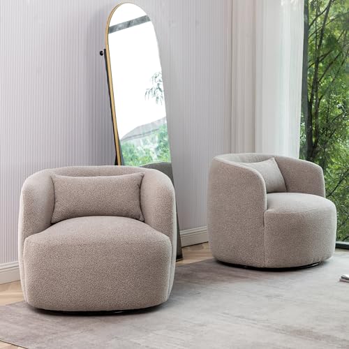KINWELL 68" Boucle Upholstered Loveseat with 2 Swivel Barrel Chairs, Taupe | No Assembly Sherpa Living Room Furniture Sets, 2-Seater Couch Settee and Accent Chairs Armchairs for Small Spaces Apartment - color: Taupe, size: Loveseat + 2 Chairs