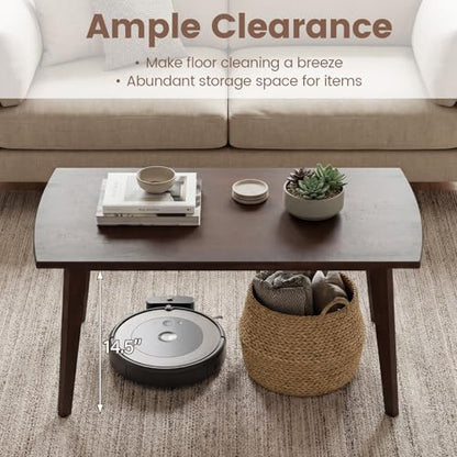 GOFLAME Solid Wood Coffee Table, 34.5" x 21" x 17" Mid-Century Modern Center Table with Storage, Curved Edges, Retro, Small Japanese Floor Table with Tapered Legs for Living Room, Apartment, Walnut