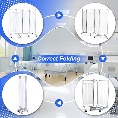 Movable Medical Privacy Screen with Wheels 71x79 inch Portable 4-Panel Medical Room Divider Stainless Steel Contruction Folding Medical Privacy Screens for Hospital Nursing Privacy Screen