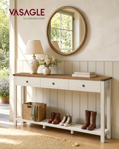 VASAGLE LIRY Collection Narrow Console Table with 3 Drawers | Long Sofa Table with Storage Shelf, Honey Brown and Rustic White, 9.4 x 63 x 29.9 Inch, ULNT148W101 - color: 허니 브라운 + 러스틱 화이트, size: 9.4"D x 63"W x 29.9"H