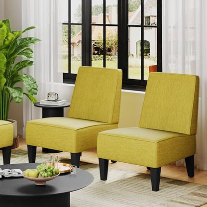 Armless Accent Chairs Set of 2, Green Upholstered Linen Slipper Chair with Solid Wood Legs, Mid Century Modern Side Chairs for Small Living Room Bedroom Apartment Reading Nook - color: Green