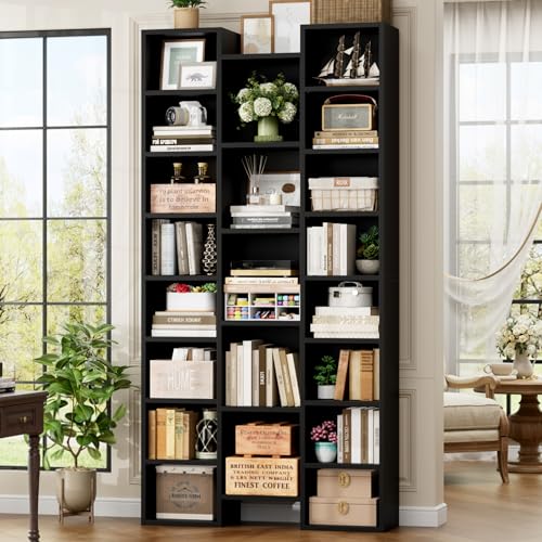 FOTOSOK 71'' H Black Bookshelf with 21 Cubes, Triple Wide Tall Bookshelf | 8 Tier Bookcase with 8 Adjustable Shelves, Large Bookshelf DVD/CD Media Tower Storage, Freestanding Display Shelf Cabinet - color: Black