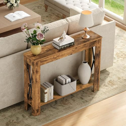 Farmhouse Console Table, 39.4'' Small Narrow Entryway Table, Wood Couch Table Behind Sofa with Storage Shelf, Slim Farmhouse Hallway Table for Living Room, Hallway, Foyer, Rustic Brown CT34RR - color: Rustic Brown