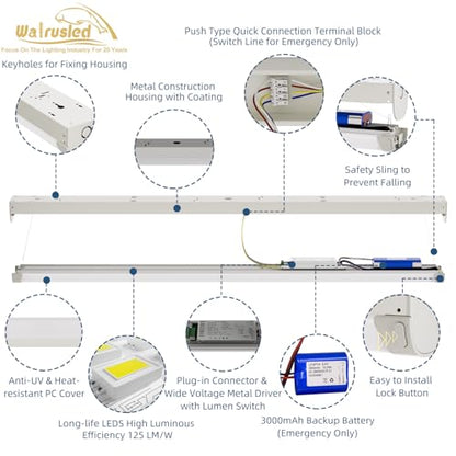 4FT LED Linear Strip Emergency Stairwell Light, 2 Watt Selectable, 20W/40W, 2500lm/5000lm, Battery Backup, 5000K, IP20, 0-10V Dimmable 4 Foot Flush Mount Commercial LED Shop Ceiling Light Fixture, ETL