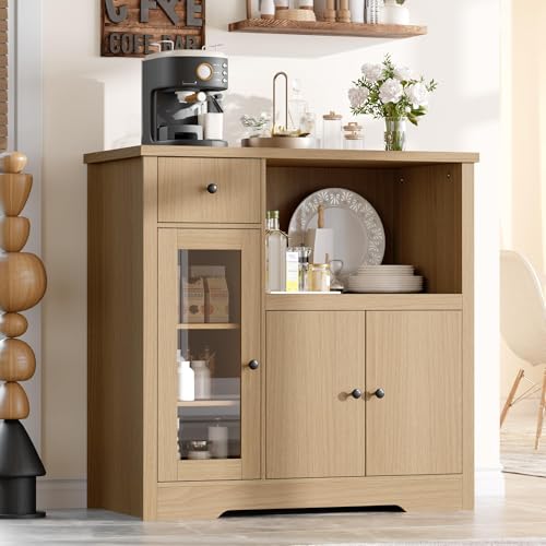 GarveeHome Kitchen Microwave Cabinet with Storage and Drawers, Natural | Modern Small Buffet Cabinet, Glass Doors, Adjustable Shelf, Wooden Sideboard, Wide Top, for Dining Room, Living Room - color: Natural