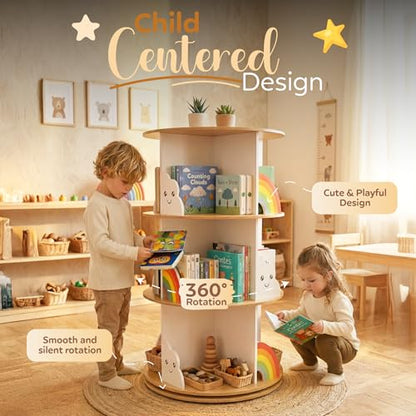 pimlyo® Rotating Bookshelf Kids with Removable Light, Spinning Book Shelf for Kids Rooms for Toddler Kid Room Storage, Small Wooden Round White Tower Bookcase for Nursery Bedroom Playroom Rooms