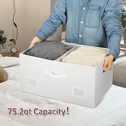 Graciadeco 75 Quarts Extra Large Decorative Storage Bins with Lids, 1 Pack White Collapsible Storage Bins with Lids, Stackable Storage Bins Decorative Box Storage With Lid Extra Large | 75 Quarts 1 Pack White Collapsible Stackable Linen Fabric 4 Handles B