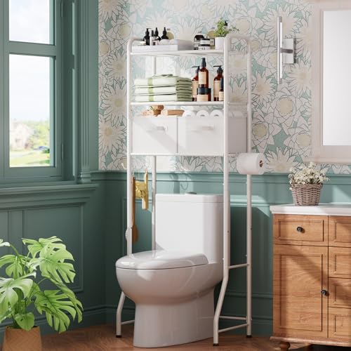 Simple Trending Over The Toilet Storage Rack with Drawers, Metal 3 Tier Bathroom Organizer Shelf with Paper Holder and 3 Hooks, White - color: White With Drawers
