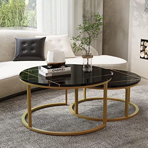 WiberWi Round Coffee Table Nesting Tables Set of 2, Large : Ø 34.0", Small : Ø 26.0", Modern Design Coffee Tables for Living Room, Gold Metal Frame Circle Cocktail Table, High Glossy Faux Black Marble - color: Black Faux Marble