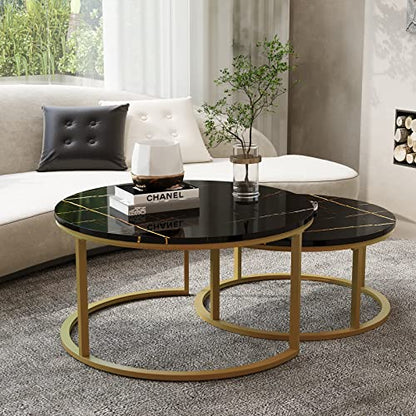 WiberWi Round Coffee Table Nesting Tables Set of 2, Large : Ø 34.0", Small : Ø 26.0", Modern Design Coffee Tables for Living Room, Gold Metal Frame Circle Cocktail Table, High Glossy Faux Black Marble - color: Black Faux Marble