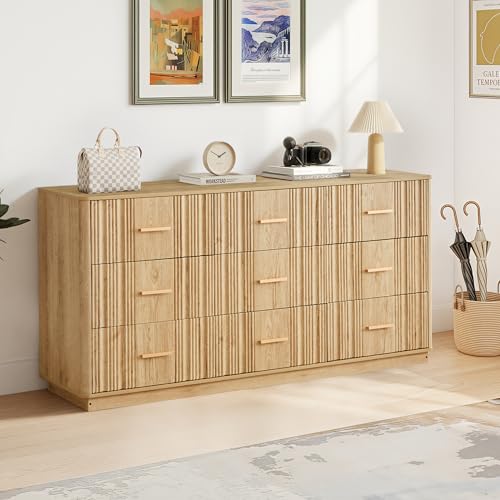 Fluted 9 Drawer Dresser,59"Wide Modern Chest of Drawers with Sturdy Base,Wood Closet Organizers,TV Stand,Storage Dresser with 9 Deep Drawers for Bedroom Living Room Hallway Entryway Nursery(Natural) - color: 9 Drawer Dresser Natural