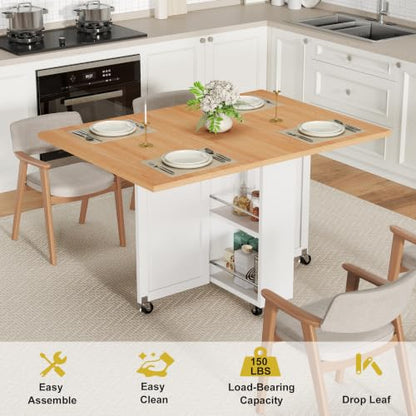 52.7" Folding Dining Table for 2-6, Easy Assembly, Oak+White | Folding Dining Table with 6 Wheels, Drop Leaf Table with Drawers, Shelves and Wine Rack for Small Spaces - color: Light Brown