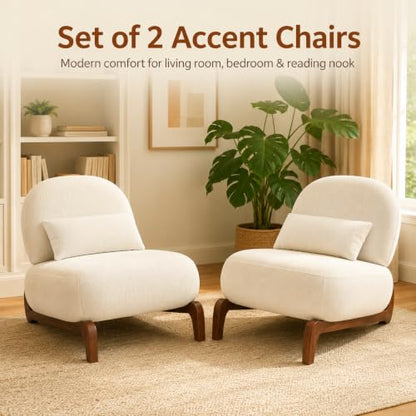Modern Velvet Armless Accent Chair with Solid Wood Legs, Upholstered Single Lounge Chair, Comfy Reading Chair for Living Room, Bedroom & Reading Nook (White + Fabric, 1 Pack, Solid Wood) - color: White + Fabric, size: 1 Pack