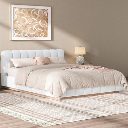 Majnesvon Queen Size Upholstered Bed Frame, Soft Boucle Bed Frame with Headboard, Low Profile White Platform Bed with Wood Base - size: Queen (U.S. Standard)