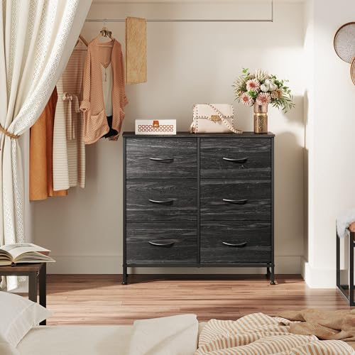 WLIVE Dresser for Bedroom with 6 Drawers, Charcoal Black Wood Grain Print | Closet Dresser, Metal Frame, Wooden Top, Fabric Dresser for Closet, Living Room, Hallway - color: Charcoal Black Wood Grain Print