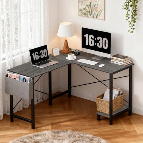 OLIXIS L Shaped Desk, Gaming Desk, Corner Table 50 Inch | Side Bag, Reversible Shelf, Home Work Study Writing, PC Workstation, Easy Assembly, Grey