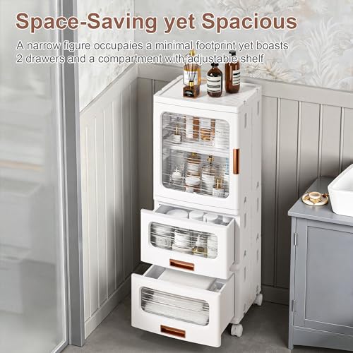 VECELO Narrow Bathroom Storage Cabinet with 2 Drawer, Foldable Storage Organizer with Movable Wheels and Adjustable Shelf for Small Space, Kitchen, Laundry, White - size: 2 Drawer