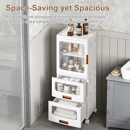 VECELO Narrow Bathroom Storage Cabinet with 2 Drawer, Foldable Storage Organizer with Movable Wheels and Adjustable Shelf for Small Space, Kitchen, Laundry, White - size: 2 Drawer