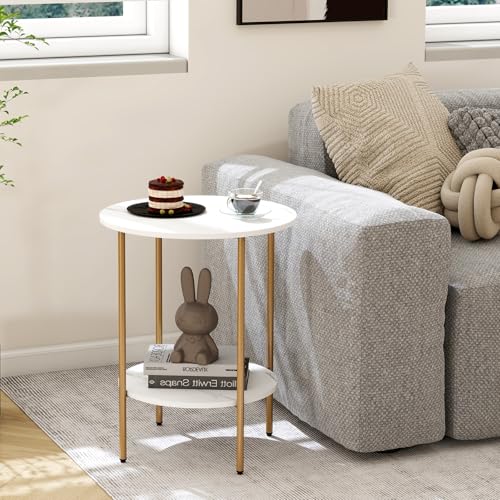 Side Table, Round End Table with 2 Storage Shelves, Compact Living Room Accent Table, Space-Saving Small Bedside Table, 18x18x22in, Marble White