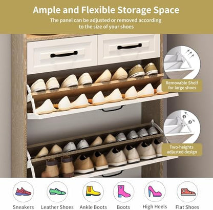 Resenko's Slim Shoe Storage Cabinet with 8 Hooks, Hidden Rack & 5 Drawers for Entryway, Hallway - color: White & Oak