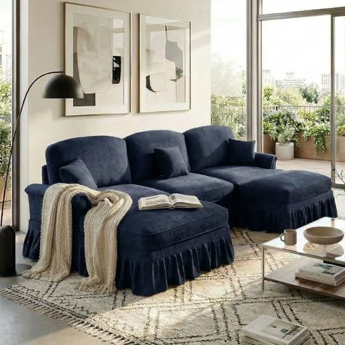 Modular Sectional Sofa Couch, Comfy Chenille Sofa with Removable Ruffled Skirt, Flared Armrests, Sturdy Legs, Convertible Sectional for Living Room, Bedroom, Apartment (Blue) - color: Blue, size: 107.1 Inch U