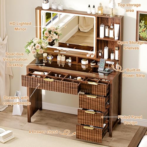 Arulvmrn 43.3'' Vanity Desk with Mirror and Lights, with Glass Tabletop, with 5 Drawers & Shelves,Makeup Vanity Set for Bedroom, Tan - color: Tan