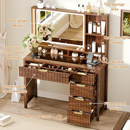 Arulvmrn 43.3'' Vanity Desk with Mirror and Lights, with Glass Tabletop, with 5 Drawers & Shelves,Makeup Vanity Set for Bedroom, Tan - color: Tan