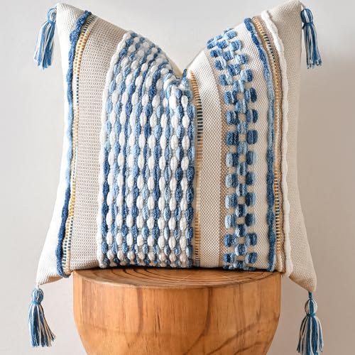 Chenille Striped Textured Boho Throw Pillow Covers Aesthetic with Tassels Woven Decorative Pillow Case for Couch Bed Sofa Bedroom Modern Funky 18 x 18-Inch Sky Blue - color: Sky Blue, size: 18" x 18" (Pack of 1)