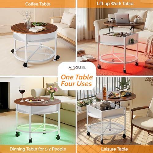 VINGLI 27" Round Lift Top Coffee Table with Wheels & Lights, White & Brown | Removable Coffee Table with Hidden Compartment Storage & Metal Shelf, Small Farmhouse Coffee Tables for Living Room, Office - color: White & Brown