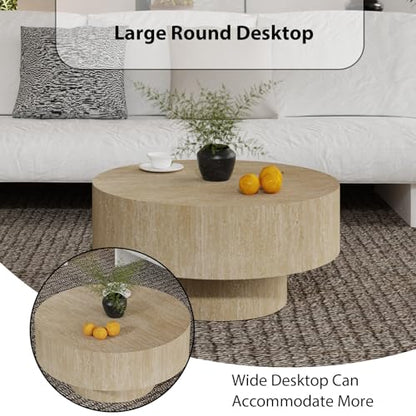 Round Drum Travertine Coffee Table with Pedestal Base | 30'' Modern Travertine Wooden Drum Center Table,Travertine Finish Drum Shape, Wooden Structure, For Living Room & Apartment - color: Travertine Round