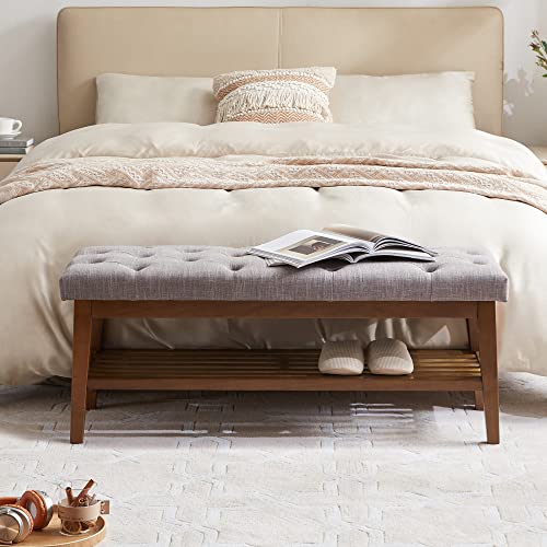 HUIMO Upholstered Entryway Shoe Bench, Button Tufted End of Bed Bench, Grey | with Solid Wood Slatted Shelf, Padded Ottoman Bench for Bedroom, Living Room, Entryway - color: Grey, style: French Country