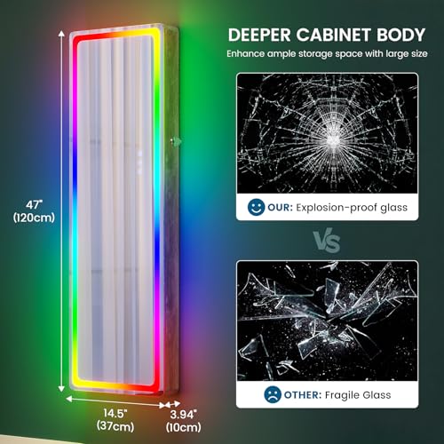 HNEBC Full Length Mirror with Storage, Wall Mounted Jewelry Cabinet with RGB Lights & Remote, Lockable Over Door Jewelry Organizer with Drawer, Foldout Makeup Tray 47.2" Hx14.5 Wx3.9 D, Natural - color: 93B-natural