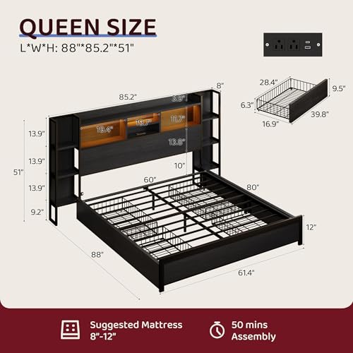 Queen Size Bed Frame with 4 Storage Drawers and Headboard Featuring Shelf Storage, Wooden Platform Bed Frame with LED Lights and Charging Station, Easy Assembly/No Box Spring Needed/Black - color: Black, size: Queen