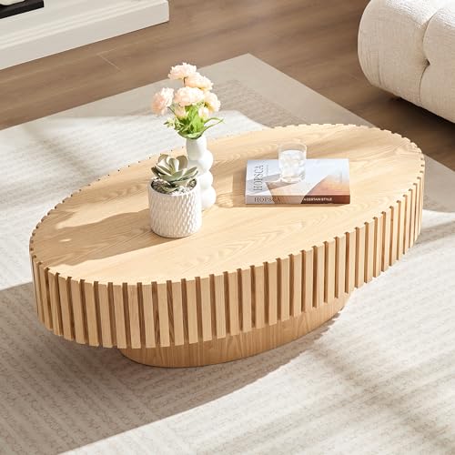 43.7'' Round Coffee Table for Living Room,Modern Handcraft Drum Coffee Table Wood Small Coffee Table with Sturdy Pedestal,Oak - color: Oak, size: 43.7"x24.8"x13.38"