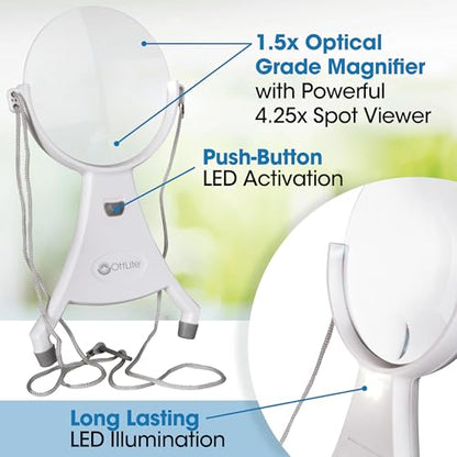 OttLite 4-Inch Hands-Free LED Magnifier, White | 1.5x Optical Acrylic Lens | 4.25x Spot Viewer | LED Illuminated | Adjustable Neck Cord