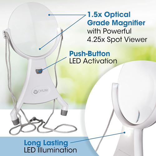 OttLite 4-Inch Hands-Free LED Magnifier, White | 1.5x Optical Acrylic Lens | 4.25x Spot Viewer | LED Illuminated | Adjustable Neck Cord
