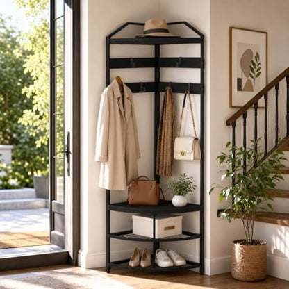 Black Freestanding Corner Coat Rack, Multi-use Metal Hall Tree with Mesh Storage Shelf, Anti-toppling Stable Clothes & Shoe Organizer for Entryway Bedroom Home Decor