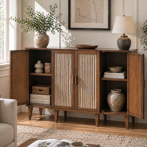 Ahokua 47.5" Fluted Sideboard Cabinet with Adjustable Shelves, Wood Storage Cabinet, Slim Buffet Cabinet for Dining Room, Entryway, Coffee Bar, Living Room, Walnut Brown