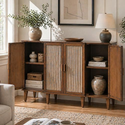 Ahokua 47.5" Fluted Sideboard Cabinet with Adjustable Shelves, Wood Storage Cabinet, Slim Buffet Cabinet for Dining Room, Entryway, Coffee Bar, Living Room, Walnut Brown