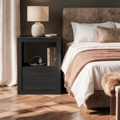 Wabi-sabi Style Nightstand, Modern Bedside Table with Charging Station,Thickened Wood End Table with Drawer Storage & Open Shelf, Night Stand for Bedroom, Black - color: Black
