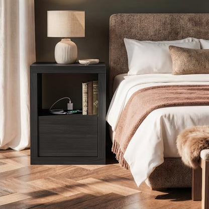 Wabi-sabi Style Nightstand, Modern Bedside Table with Charging Station,Thickened Wood End Table with Drawer Storage & Open Shelf, Night Stand for Bedroom, Black - color: Black