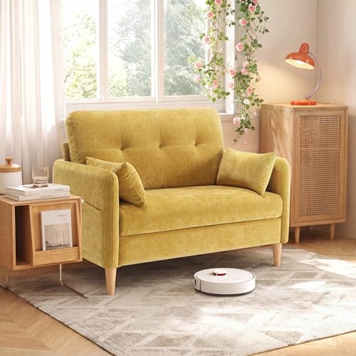 Urhanherry 47" Small Sofa Couch for Bedroom, Soft Chenille loveseat Mini Couch with Throw Pillow and Removable Cushion Cover for Small Spaces, Living Room, Apartment, Dorm, Office(Yellow) - color: Yellow